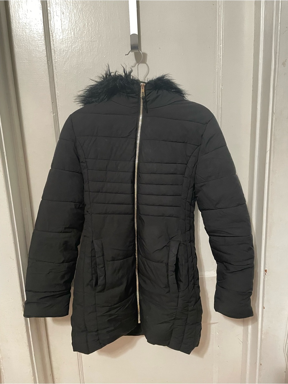 Black Quilted Hooded Puffer Jacket with Faux Fur Trim